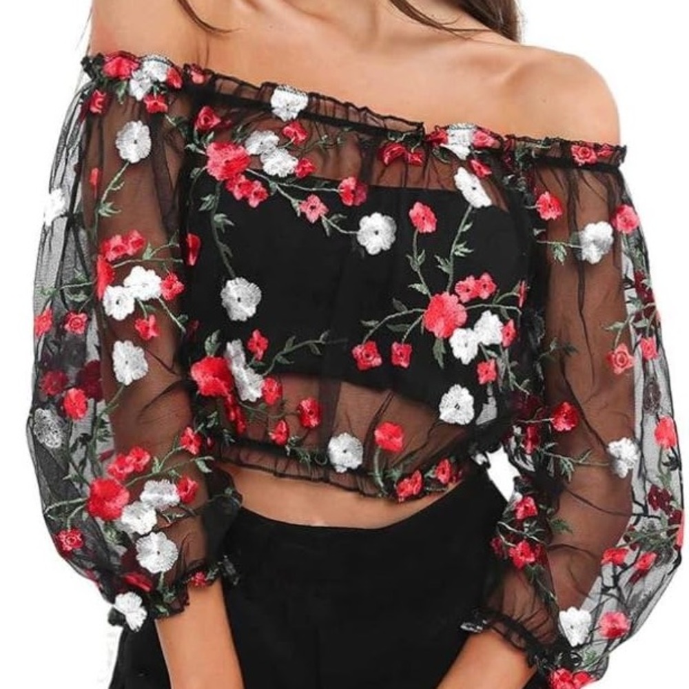floral embroidered mesh top